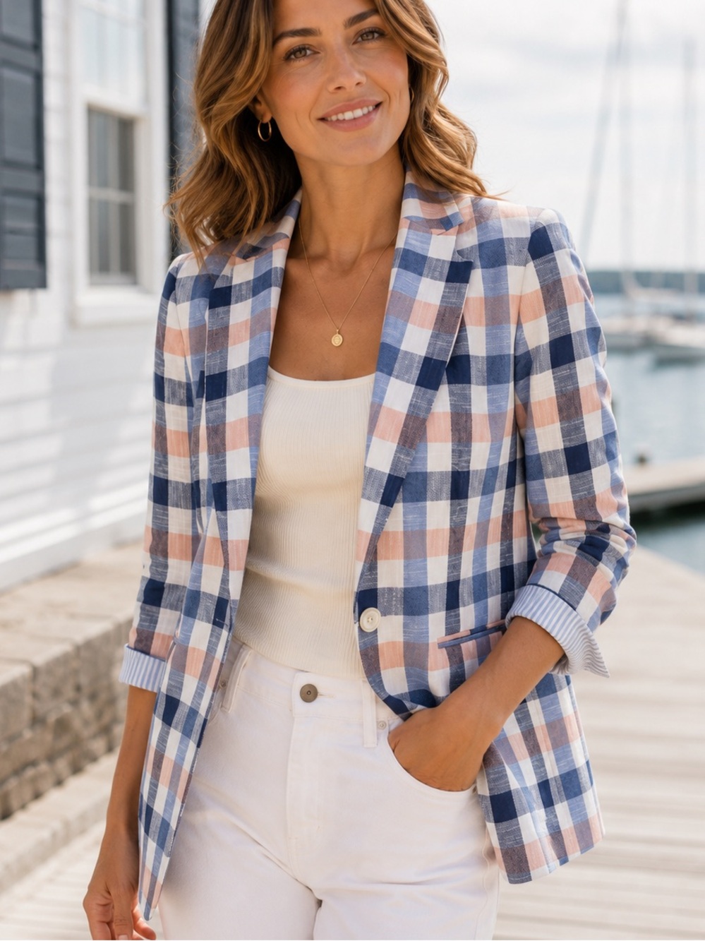Talbots Plaid One Button Blazer Jacket Size 8 Blue Pink Cotton Blend Preppy